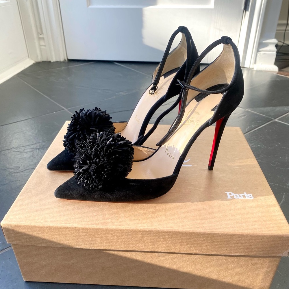Christian Louboutin Black Suede Heels with Pom-Pom Accent
